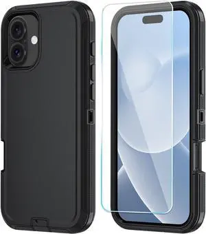 Compatible with iPhone 17 Case with HD Screen Protector Heavy Duty Shockproof & DustProof & Dropproof 3-Layer Cover for iPhone 17 Case Black