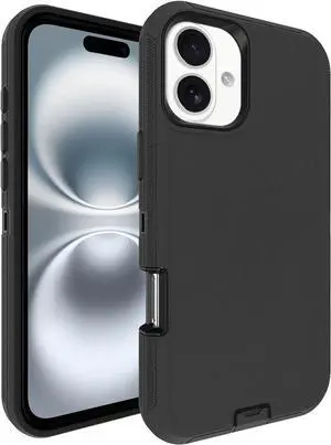 for iPhone 17 Case 3-Layer 16ft Drop Protection with Dustproof Port Cover Full-Body Non-Slip Shockproof Rugged Heavy Duty Phone Case Black