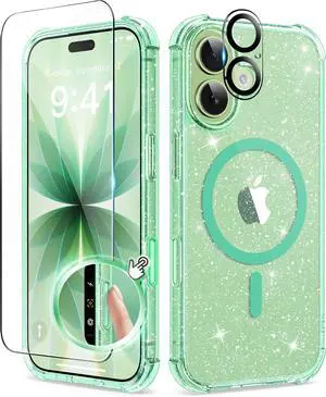 for iPhone 17 Case for Women Compatible with MagSafe Clear Glitter Shockproof Protective Case Anti-Yellowing with Screen Protector & Camera Lens Protector 6.3 Sparkle Green