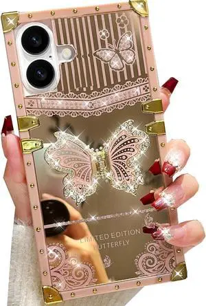 Glitter Kickstand Case for iPhone 17 Cute Girly Luxury Bling Sparkly Diamond Butterfly with Foldable Stand Elegant Mirror Back Shockproof Women Girls Protective Case for iPhone 17 6.3 Pink