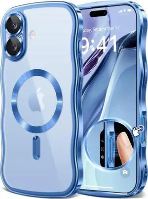 for iPhone 17 Case [Compatible with MagSafe][Upgraded Full Camera Protection][Cute Wave Frame] Plating Slim Shockproof Protective Magnetic Phone Case for iPhone 17 6.3 (Clear/Light Blue)