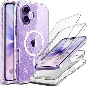 Magnetic Crystal Clear Glitter Full Protective Case for iPhone 17 Heavy Duty 3 Piece Hybrid Rugged Shockproof Women Girls for iPhone 17 Phone Shiny Bling Sparkle Fit for MagSafe