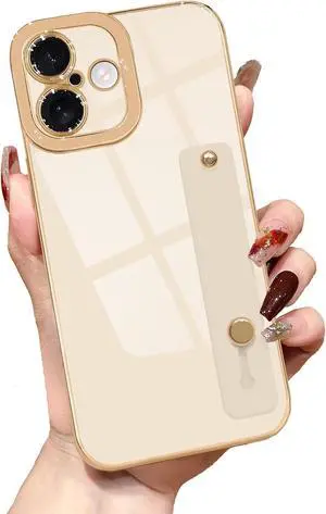 for iPhone 17 Case Cute Luxury Gold Edge Plated for Women Girls Elegant TPU Bumper Cover with Wrist Strap Kickstand Camera Protection Shockproof Silicone Phone Case for iPhone 17 White