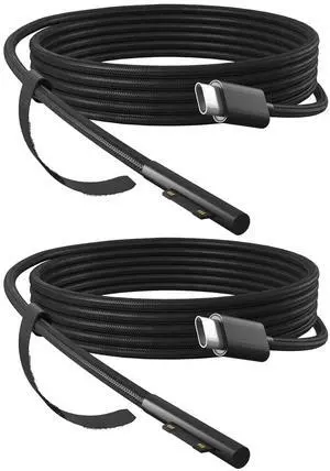 P45W 15V 3A Compatible with  Surface Pro 3/5/6/7Go3/2/1 Laptop 4/3/2/1 Type-C to Surface Nylon Braided Cable Power Supply USB-C Charger Cable - 2-Pack Black 6.6ft