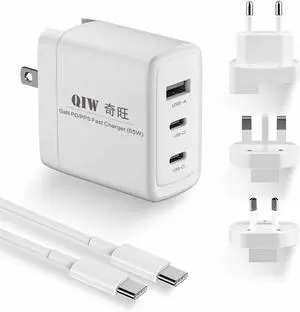 65W GaN 3-Port USB C Charger w/Cable PD/PPS Fast Charging US/EU/UK/AU Interchangeable Plug AC Adapter for MacBook iPhone 17/16/15/Air/Max Switch 2/1 Laptop Tablet Galaxy S25/24/23+Ultra Surface Pro/Go