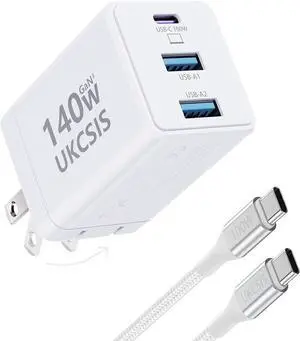 140W Mac Book Charger USB C Fast Charger Foldable 3-Port Multi-Device Fast Power Adapter USB C Charger for MacBook pro/Air   Galaxy iPad Pro and More (White)