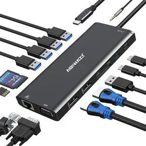 USB C Docking Station Dual Monitor for /HP//Surface Laptop 14 in 1 Triple Display Hub Multiple Adapter Dongle with 2 HDMI 4K VGA 5 Port 100W PD Charger Ethernet SD/TF Audio(Black)