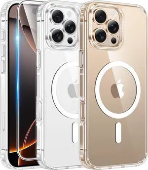 for iPhone 16 Pro-Max Case: Clear Magnetic Phone Cases with Screen Protector Compatible with Magsafe Slim Anti Yellowing Rugged Shockproof Protective Transparent Cell Cover (A-Clear)
