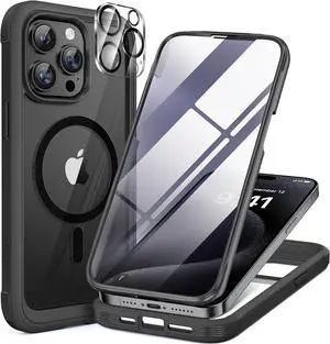 Magnetic for iPhone 15 Pro Max Case 6.7 [Compatible with Magsafe] Full-Body Drop Proof Bumper Phone Case for iPhone 15 Pro Max with Built-in 9H Tempered Glass Screen Protector Black