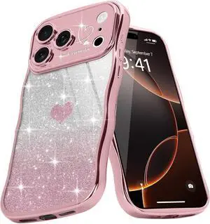 for iPhone 17 Pro Case for Women Girls Cute Curly Wavy Love Heart Glitter Bling Camera Protection Sparkly Luxury Elegant Shockproof Cover Clear Wave Phone Case for iPhone 17 Pro Rose Gold