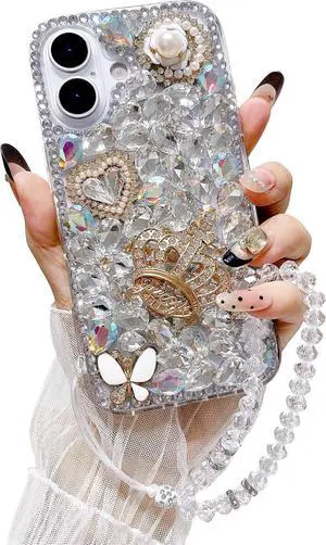 for iPhone 17 Bling Diamond Case with Strap 3D Cute Luxury Glitter Crystal Rhinestone Butterfly Crown Love Girly Phone Case Cover for Girls Women (Clear)