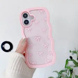 Bow Case for iPhone 17 Clear Cute Ribbon Bow Phone Case Curly Wavy Aesthetic Phone Cover Slim Soft Transparent Shockproof Protective Cover for Women Girls - Pink