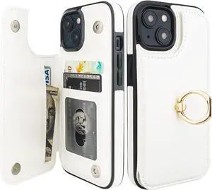 ONETOP for iPhone 15 Wallet Case with Card Holder 360° Rotation Ring Kickstand RFID Blocking PU Leather Double Magnetic Clasp Shockproof Cover for Women and Girls 6.1 Inch (White)