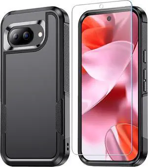 for Google Pixel 9A Case with Screen Protector [Rugged Military Grade Anti-Drop Shockproof] [Scratch Resistant Hard Shell] Full-Body Sturdy Slim Protective Phone Cases Cover (Black/6.3 Inch)