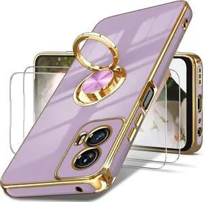 for Moto G Power 5G 2024 Case 2X Screen Protector 360° Rotatable Ring Holder Magnetic Kickstand Plated Gold Edge Slim Soft TPU Protective Cover for Motorola G Power 5G 2024 (Purple)