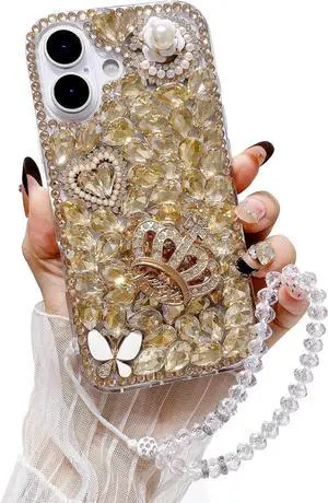 for iPhone 17 Bling Diamond Case with Strap 3D Cute Luxury Glitter Crystal Rhinestone Butterfly Crown Love Girly Phone Case Cover for Girls Women (Champagne) for iPhone 17 Bling Diamond Case with Strap 3D Cute Luxury Glitter Crystal Rhinestone Butterfly Crown Love Girly Phone Case Cover for Girls Women (Champagne)
