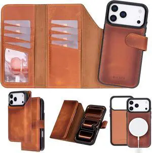 Wallet Case for iPhone 17 Pro Trifold Leather Wallet Detachable Magnetic Flip Folio Cover Card Holder for Men and Women MagSafe Compatible RFID - Vintage Brown