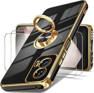 for Moto G Power 5G 2024 Case 2X Screen Protector 360° Rotatable Ring Holder Magnetic Kickstand Plated Gold Edge Slim Soft TPU Protective Cover for Motorola G Power 5G 2024 (Black)