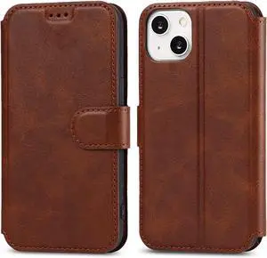 Case for iPhone 13 Premium PU Leather Simple Wallet Case Card Slots Kickstand Magnetic Closure Shockproof Flip Cover for iPhone 13 6.1 inch - Brown