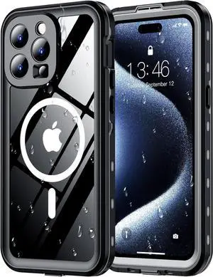 for iPhone 15 Pro Max Case Waterproof [Built-in Screen Protector & Camera Protector][Compatible with MagSafe][Full Body Shockproof][IP68 Waterproof][Dustproof] Phone Case 6.7 Black/Clear