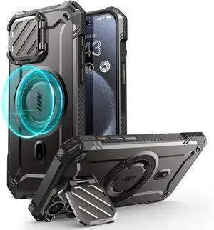 for iPhone 15 Pro Max Case with Camera Cover & Stand (UBMag XT) [Compatible with MagSafe] [Built-in Kickstand] [Military-Grade Protection] Heavy Duty Rugged Magnetic Phone Case Black