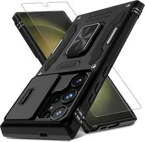 Case for  Galaxy S24 Ultra with Slide Camera Cover+Screen Protector (1 Pack) Rotated Ring Kickstand Military Grade Shockproof Protective Cover-Black