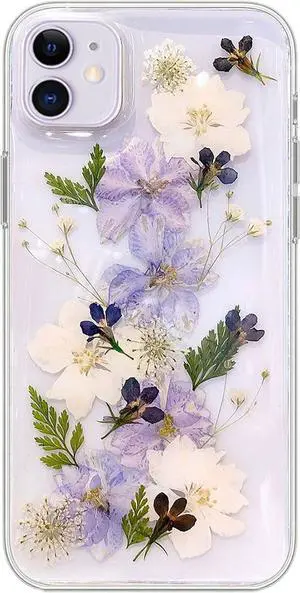 for iPhone 11 Flower case Cute Clear Soft TPU Flexible Rubber Pressed Dry Real Flowers Case Blue White Flower Case for iPhone 11 (Navy Flower)