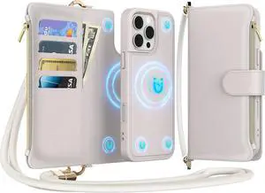for iPhone 16 Pro(6.3 inches) Detachable Wallet Case with Crossbody.Multi-Function 2 in 1 Magnetic Wallet Case with Card Holder.Flip Strap Zipper Phone Case with Shoulder Straps