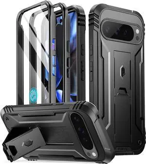 Revolution Case for Google Pixel 9 Pro XL 5G 6.8 inch Built-in Screen Protector Work with Fingerprint ID Full Body Military Grade Rugged Shockproof Protective Cover Case with Kickstand Black