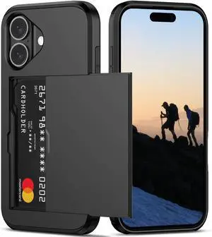 Compatible with iPhone 16 Case with Card Holder Heavy Duty Protective Dual Layer Shockproof Hidden Card Slot Slim Wallet Phone Cover for iPhone 16 for Women&Men 6.1 inch(Black)