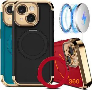 for iPhone 14 Case 6.1 Upgraded 360° Spin Magnetic Stand [Compatible with Magsafe][Military Grade Drop Protection] Shockproof Protective Phone Holder Cover for iPhone 14 Black Gold