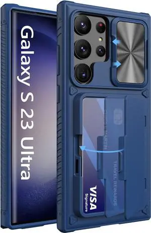 for  Galaxy S23 Ultra Case with Card Holder (4 Cards) & Sliding Camera Cover & Kickstand Shockproof Rugged Hard Back & TPU Edge Wallet Case for Galaxy S23 Ultra 5G 6.8 2023 Blue