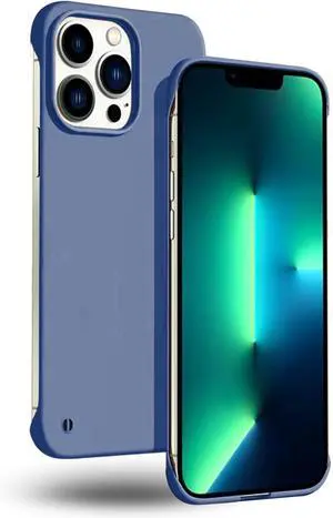 Slim Borderless for iPhone 13 Pro Max Phone Case 6.7(2021) Ultra-Thin Lightweight Frameless Matte Hard PC Cover Case with Pull Ring Shockproof Non Slip Rope Suppor Wireless Charging-Blue