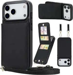 Compatible for iPhone 17 Pro Case Wallet with Crossbody Strap 4 Card Holder [RFID Blocking] Flip Vegan Leather Protective Shockproof Slim Wallet Phone Case for Women Girls Black