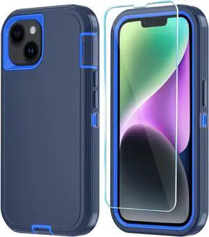 Phone Case for iPhone 14 Plus Case with HD Screen Protector Heavy Duty Shockproof & DustProof & Dropproof 3-Layer Cover Phone Case for iPhone 14 Plus (6.7) (DarkBlue)