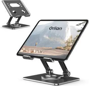 Tablet Stand Holder with Thickened 360°Rotating Base Dual Rod Adjustable Aluminum Stand for All 5.8-12.9 iPad  Phone Tablet Kindle E-Reader and More Black