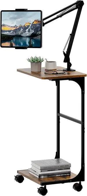 Floor Kindle Tablet iPad Stand with 2-Tier Storage Shelves Angle Height Adjustable iPad Tablet Kindle Holder for Bed with 360-Degree Rotating Wheels Compatible with 4.7-13 Kindle Cell Phone iPhone