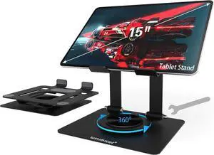 Tablet Stand Holder for Desk with 360 Rotating Metal Base Dual Rod Support Adjustable Multi-Angle Home Office Accessories Compatible with iPad  Galaxy Tabs and More Black
