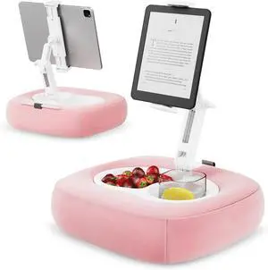 Tablet Pillow Stand Adjustable Kindle Holder with 2 Snack Bowls 360° Adjustable iPad Stand for Bed with 4.7-13 iPad Kindle Phone Gift for Reading Accessories on Bed Sofa Pink