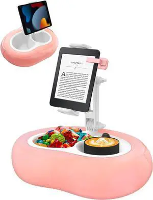 Tablet Pillow Stand Compatible with 5-12.9 Kindle iPad Phone/Tablet Google  360° Rotating Phone Holder for Bed Soft Plush Fabric Detachable Bowl Reading and Relaxation on Bed Pink