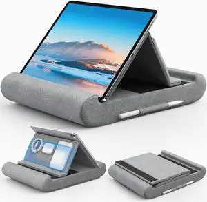 Tablet Pillow Stand Foldable Tablet Holder for Lap Bed and Desk Soft Pillow Pad with Pocket and Stylus Mount for 4-13 Tablets Like iPad Pro 11 13 Air Mini Kindle Galaxy Tab Grey