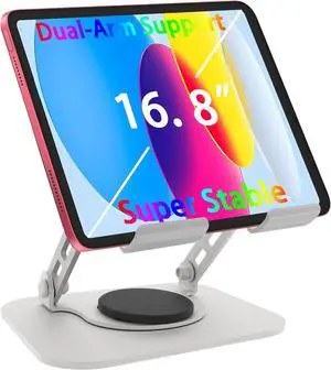 Tablet Stand 360° Rotation Dual-Arm Support iPad Holder Office Desk Accessories Foldable iPad Air Holder Travel Accessories for Desk Men Gifts Fits All 4-16 Tablet (Silvery)