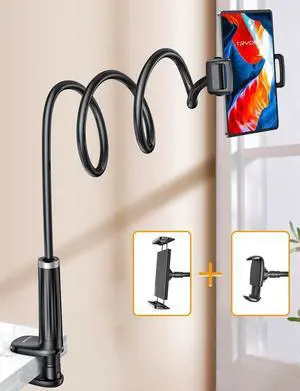 Gooseneck Phone Holder Tablet Stand for Bed:[Swivel Base] Adjustable Flexible Lazy Arm with 2 Clips Phone Tablet Holder Mount Compatible iPad Pro Air Mini | Kindle | Switch or Other 4-12.9 Device