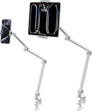 iPad Stand Aluminum Alloy Mount - Adjustable for Desk Compatible with iPad Pro 12.9 Mini Galaxy Tabs iPhone 16 Pro Max Kindle Tablet 4.7-13 (2 Clips)