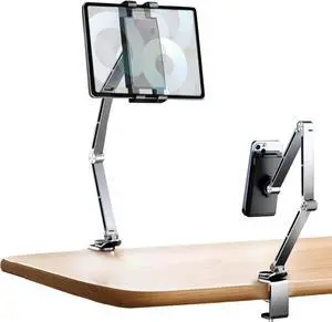 Tablet Stand Holder for Desk Aluminum Alloy Ipad Desk Mount Monitor with 360°Rotate Base Adjustable&Foldable Tablet Arm for 4.7-15.6 Screen Phone Kindle Fire HD Monitor