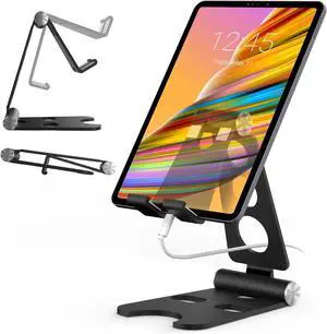 Tablet Stand with Cord Holder Aluminum Alloy Black Fully Adjustable Foldable Desktop Phone Stand Compatible with iPad mini/Air/Pro 11/12.9 Galaxy Tablet Kindle and Display Devices 4-16