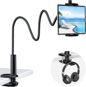 Gooseneck Tablet Stand 360° Adjustable Phone & iPad Holder for Bed and Desk Flexible Arm Mount Clip for Video Recording Bedside & Headboard Clamp for iPad Pro 12.9 Mini Switch