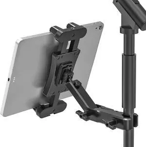 iPad Holder for Mic Stand Extendable iPad Mic Music Stand Mount Holder with C-Clamp 360° Rotation Adjustable Tablet Microphone Mount Holder for All 4.7-13.5 Tablet & Smartphones