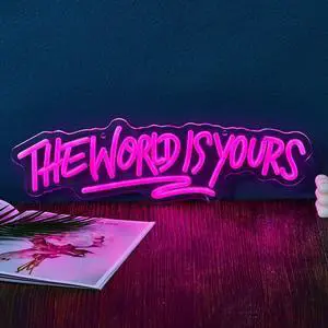 AYDCNQ The World Is Yours Led Neon Signs Lights Wall Decor Sign for Teen Men Lady Gift and Gaming Zone Party Classroom Wall Decor,size L17.7xH5.5inch (pink)