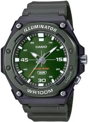 Casio MW-620H-3AV Men's Analog-Digital Quartz Sport Watch, Green Resin Band, 100M Water Resistant, LED Light, Dual Time, Stopwatch, Alarm, Calendar